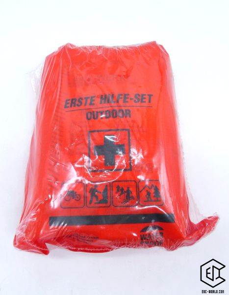Draufsicht von vorne Erste Hilfe Set Leina Outdoor orange auf weissem Hintergrund